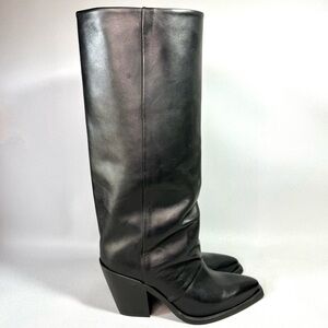 Sundance Black Italian Leather Knee-High Stacked Heel Boots